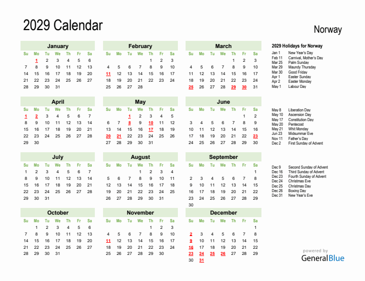 Holiday Calendar 2029 for Norway (Sunday Start)