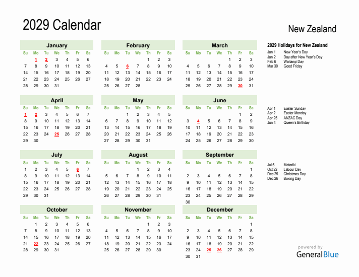 Holiday Calendar 2029 for New Zealand (Sunday Start)