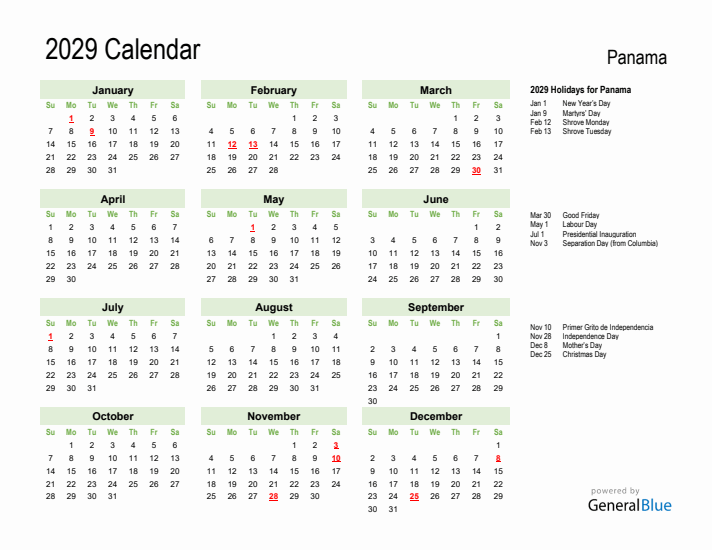 Holiday Calendar 2029 for Panama (Sunday Start)