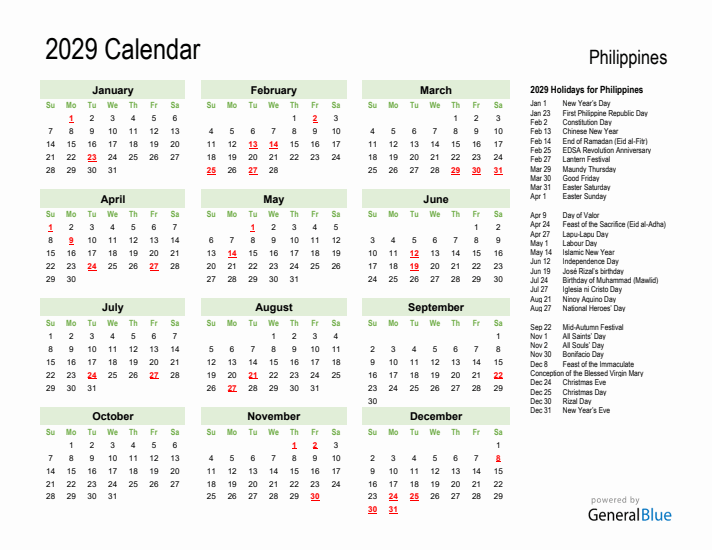 Holiday Calendar 2029 for Philippines (Sunday Start)