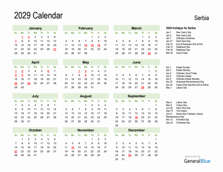 Holiday Calendar 2029 for Serbia (Sunday Start)