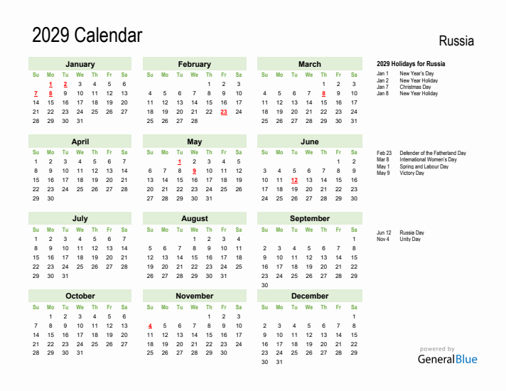 Holiday Calendar 2029 for Russia (Sunday Start)