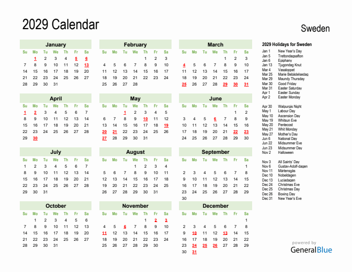 Holiday Calendar 2029 for Sweden (Sunday Start)