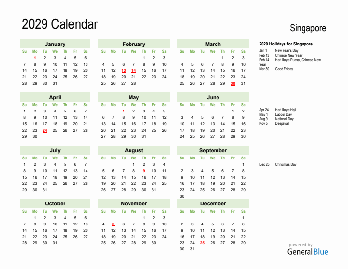 Holiday Calendar 2029 for Singapore (Sunday Start)