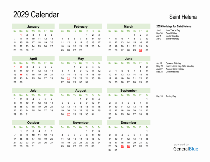 Holiday Calendar 2029 for Saint Helena (Sunday Start)