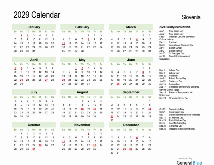 Holiday Calendar 2029 for Slovenia (Sunday Start)