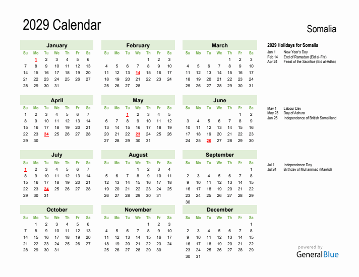 Holiday Calendar 2029 for Somalia (Sunday Start)
