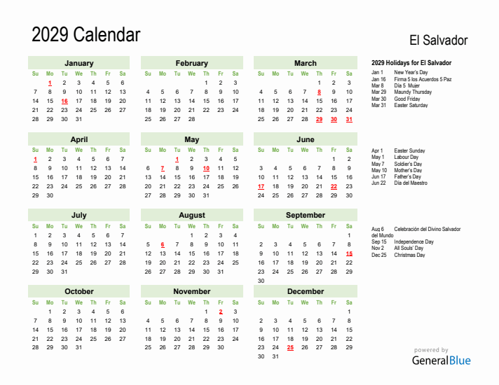 Holiday Calendar 2029 for El Salvador (Sunday Start)