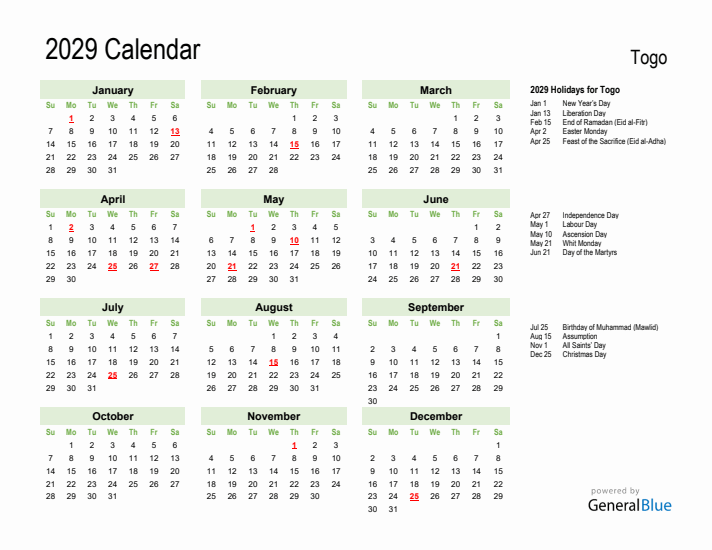 Holiday Calendar 2029 for Togo (Sunday Start)