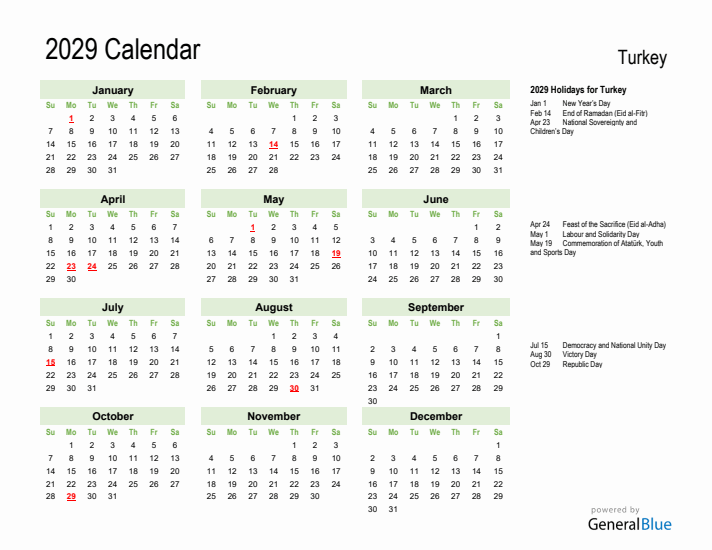 Holiday Calendar 2029 for Turkey (Sunday Start)