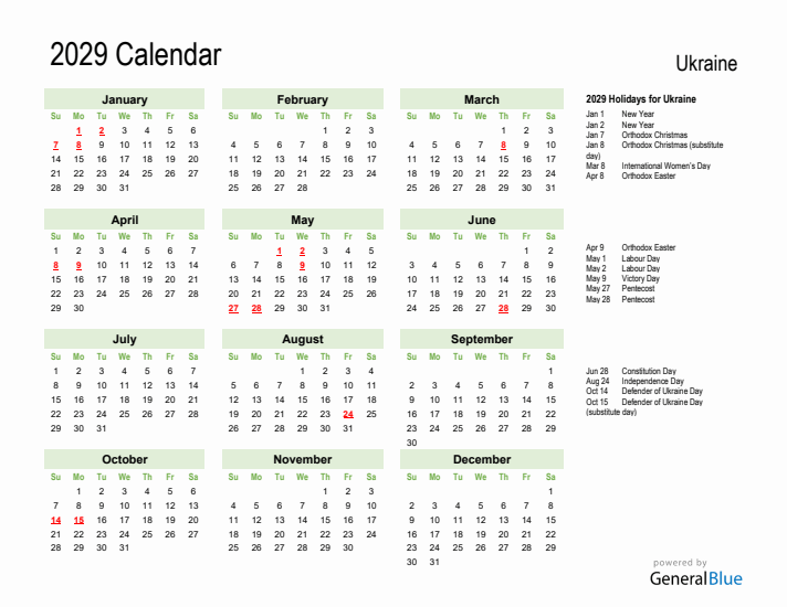 Holiday Calendar 2029 for Ukraine (Sunday Start)