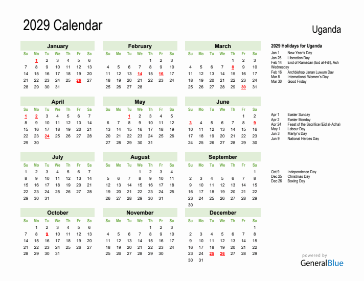 Holiday Calendar 2029 for Uganda (Sunday Start)