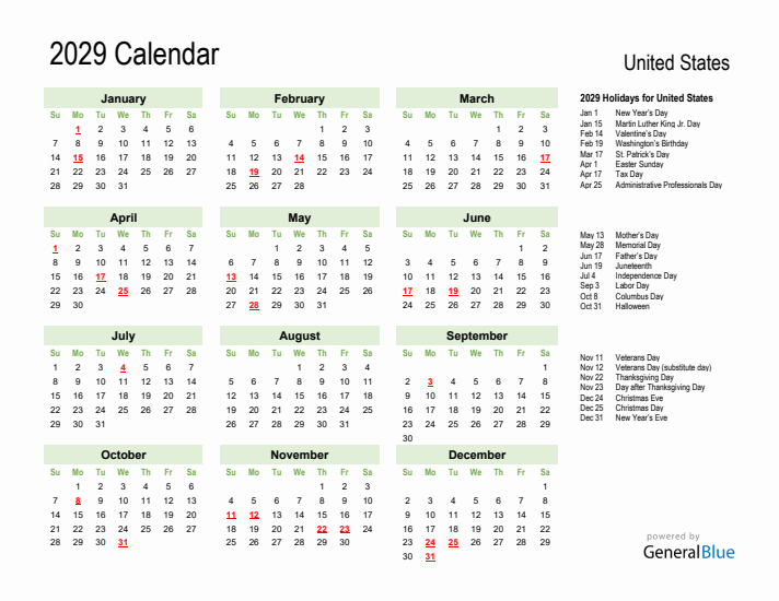 Holiday Calendar 2029 for United States (Sunday Start)