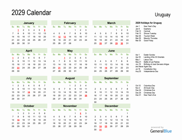 Holiday Calendar 2029 for Uruguay (Sunday Start)