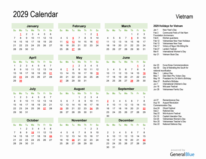 Holiday Calendar 2029 for Vietnam (Sunday Start)