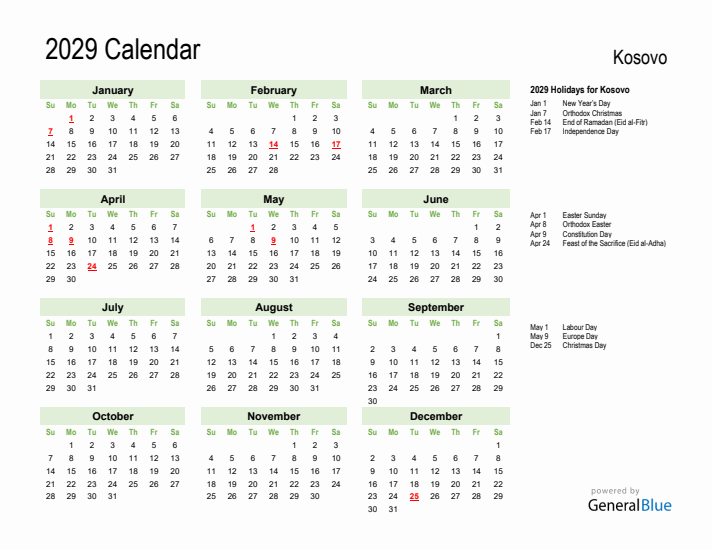 Holiday Calendar 2029 for Kosovo (Sunday Start)