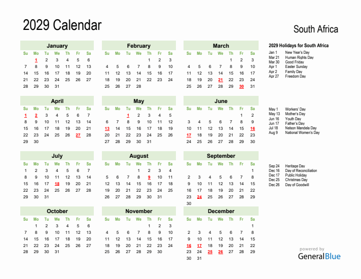 Holiday Calendar 2029 for South Africa (Sunday Start)