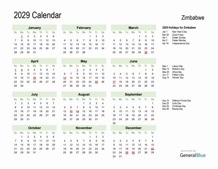 Holiday Calendar 2029 for Zimbabwe (Sunday Start)