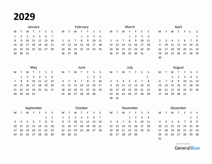 Year Planner 2029 Template