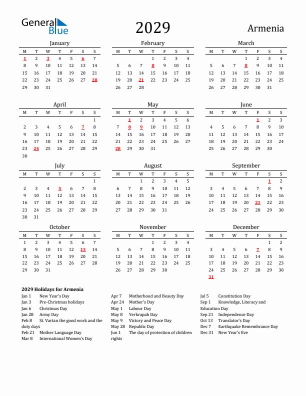 Armenia Holidays Calendar for 2029