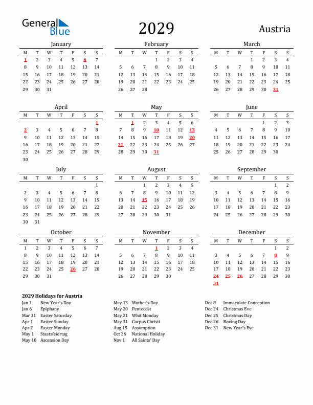 Austria Holidays Calendar for 2029