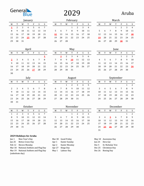 Aruba Holidays Calendar for 2029