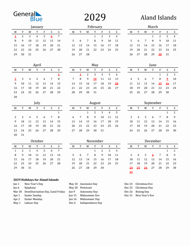 Aland Islands Holidays Calendar for 2029