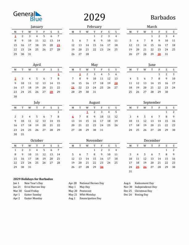Barbados Holidays Calendar for 2029