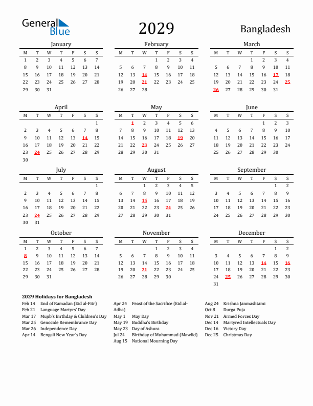 Bangladesh Holidays Calendar for 2029
