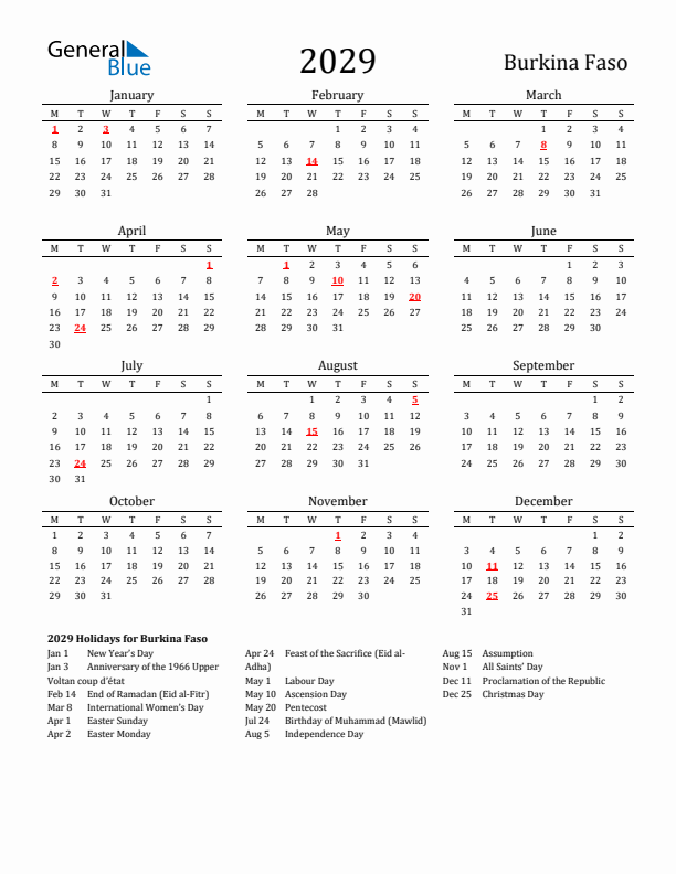 Burkina Faso Holidays Calendar for 2029