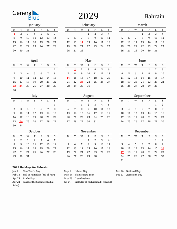 Bahrain Holidays Calendar for 2029