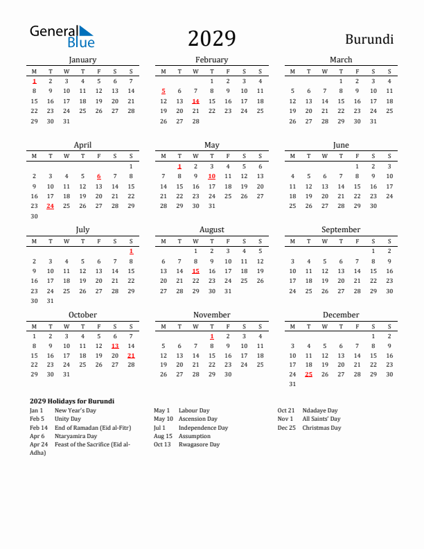 Burundi Holidays Calendar for 2029