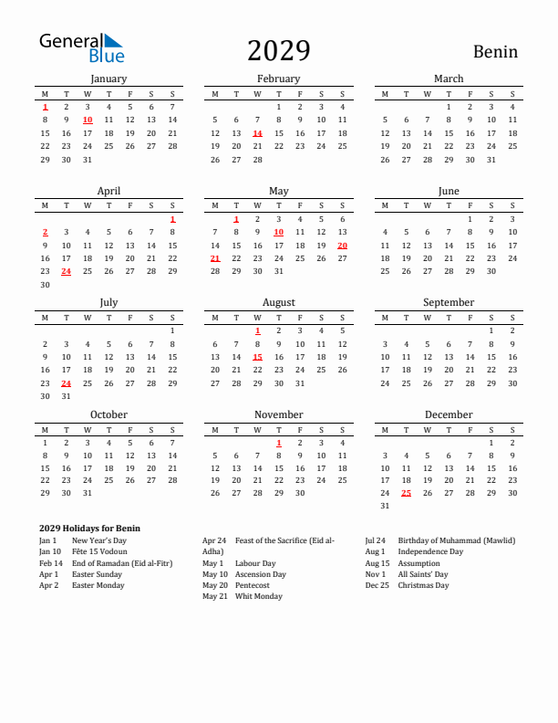 Benin Holidays Calendar for 2029