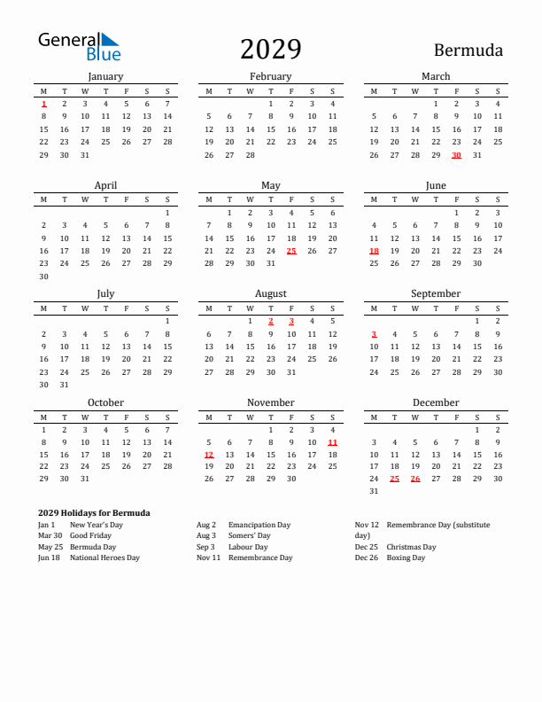 Bermuda Holidays Calendar for 2029
