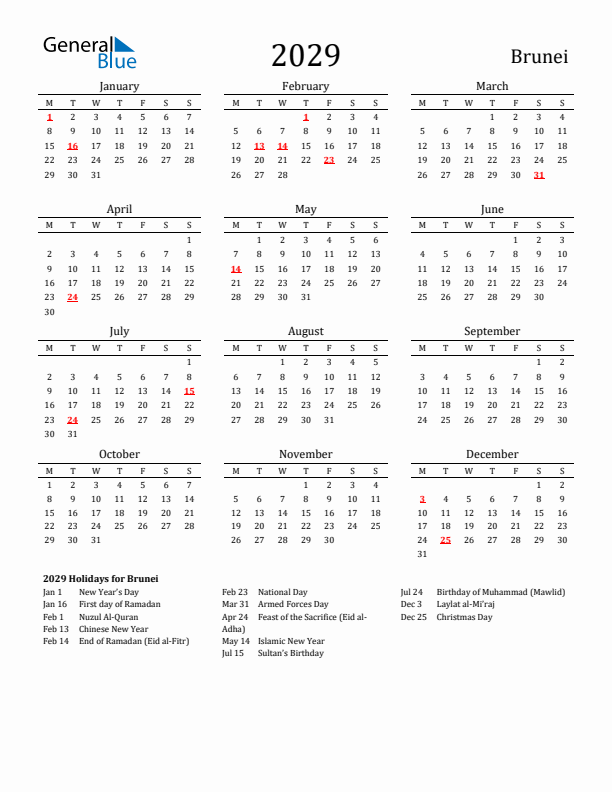 Brunei Holidays Calendar for 2029