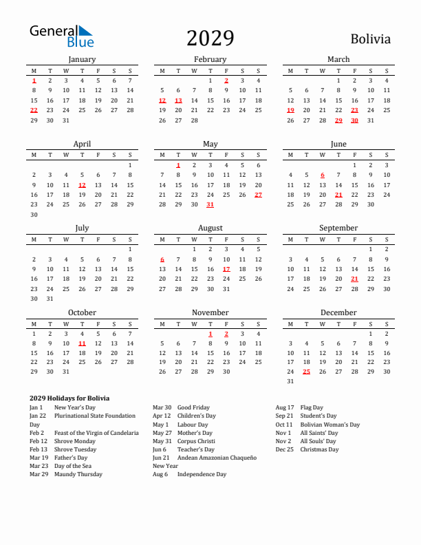 Bolivia Holidays Calendar for 2029