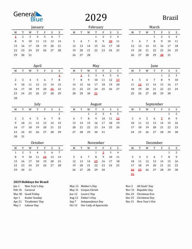 Brazil Holidays Calendar for 2029