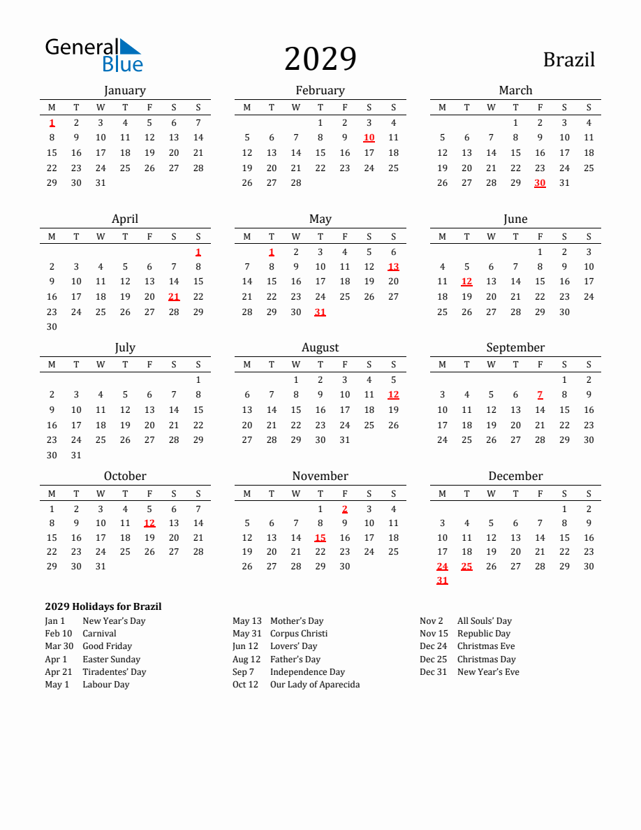 Free Brazil Holidays Calendar for Year 2029