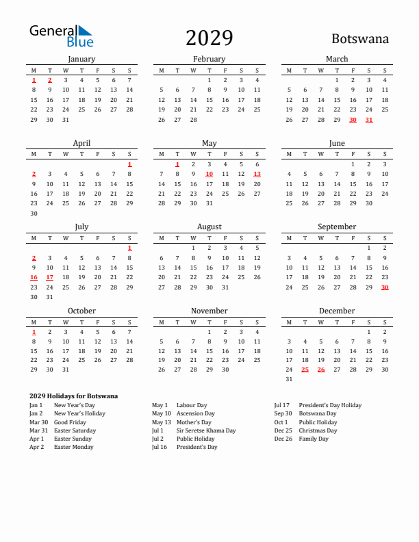 Botswana Holidays Calendar for 2029