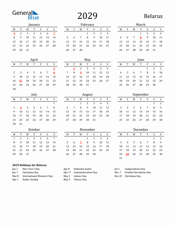 Belarus Holidays Calendar for 2029