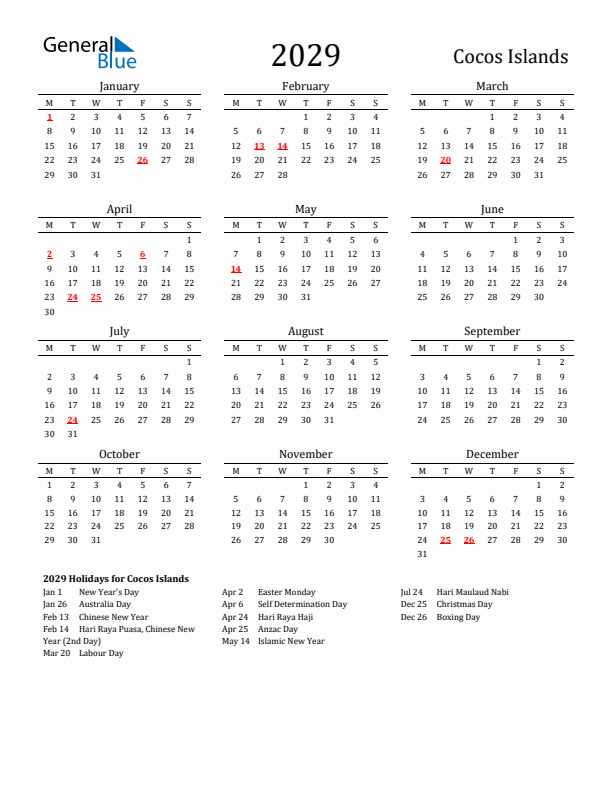 Cocos Islands Holidays Calendar for 2029