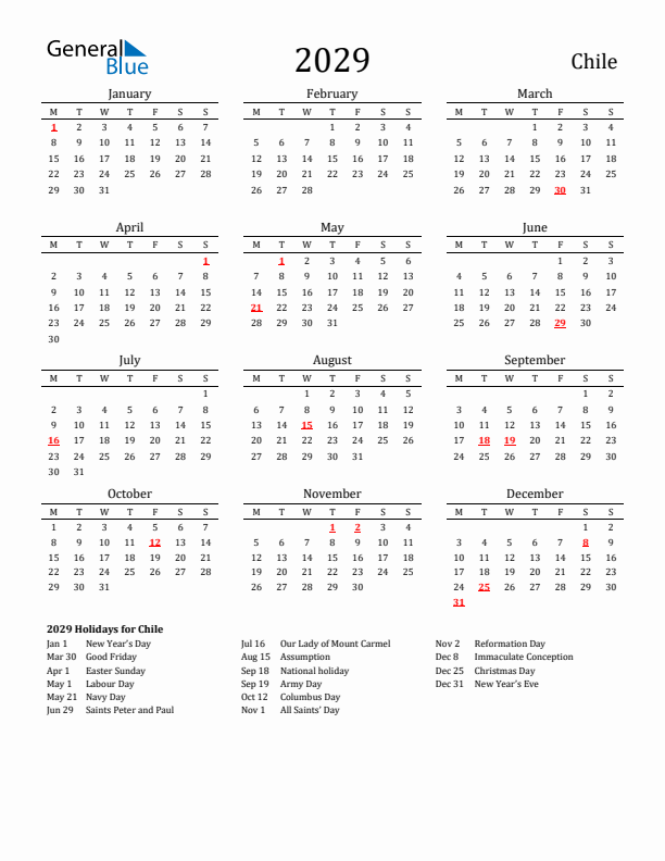 Chile Holidays Calendar for 2029