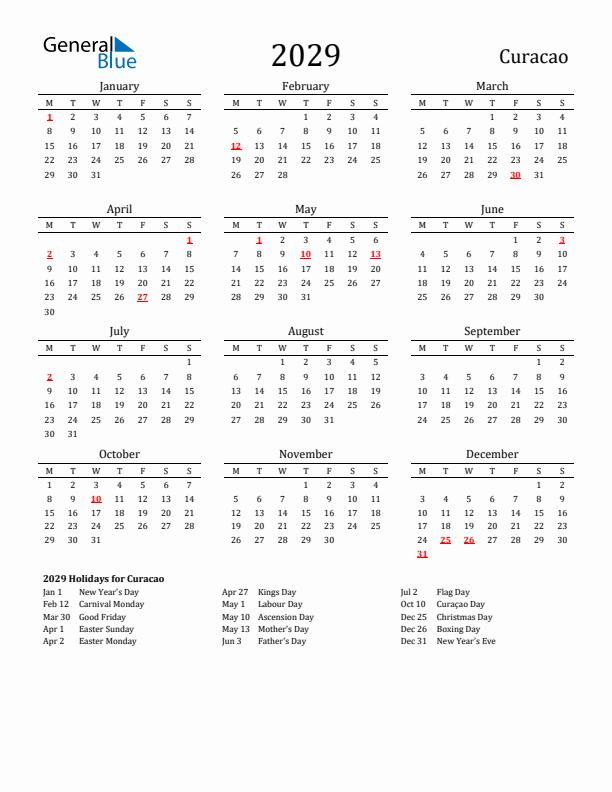 Curacao Holidays Calendar for 2029