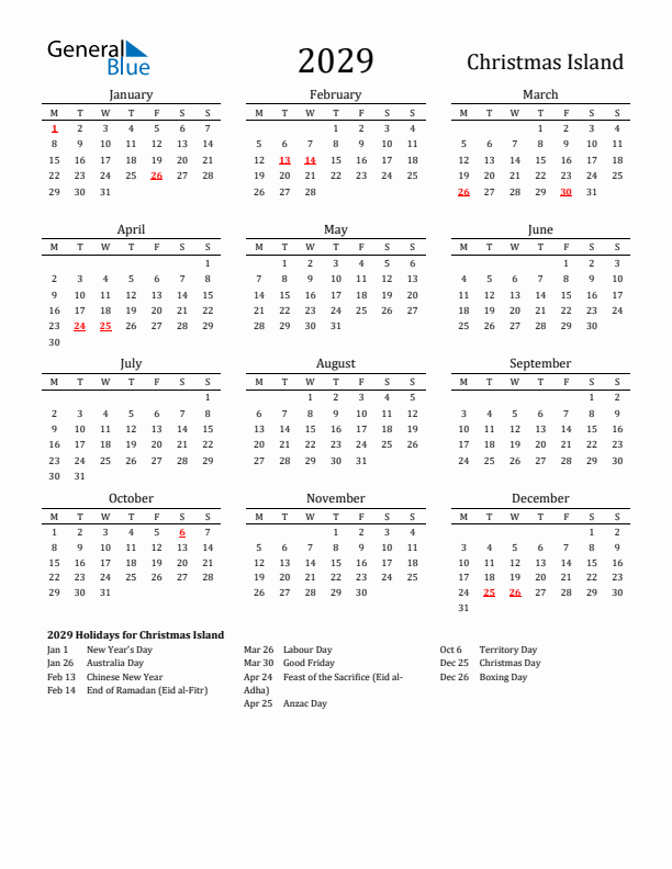 Christmas Island Holidays Calendar for 2029