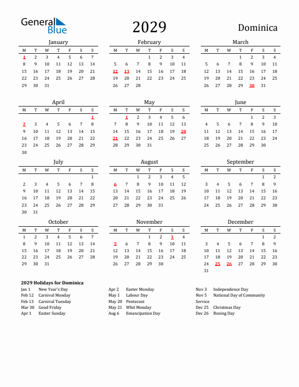 Dominica Holidays Calendar for 2029
