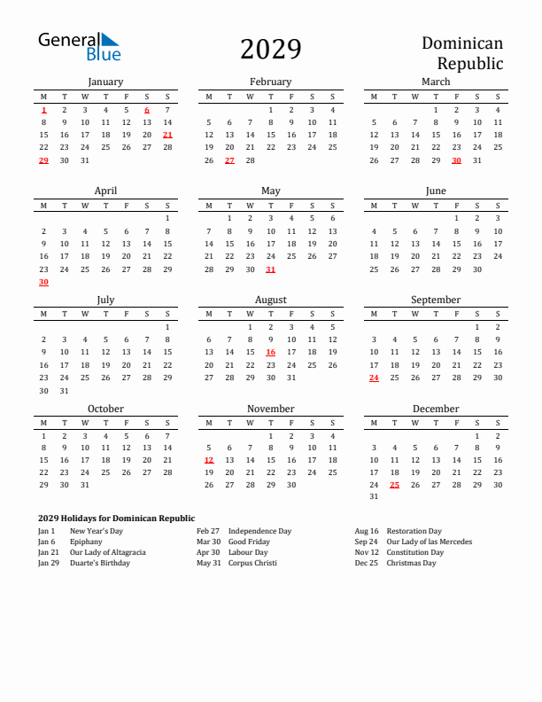 Dominican Republic Holidays Calendar for 2029