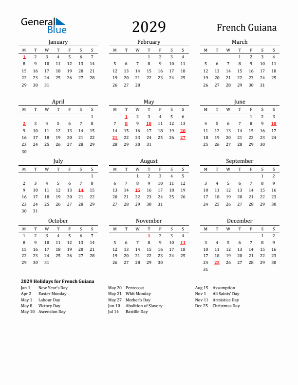 French Guiana Holidays Calendar for 2029