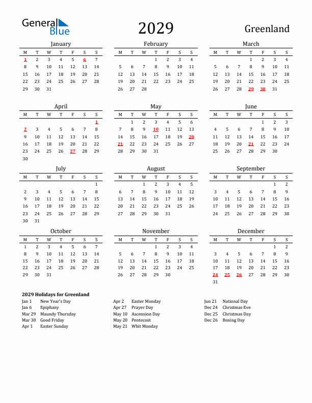 Greenland Holidays Calendar for 2029