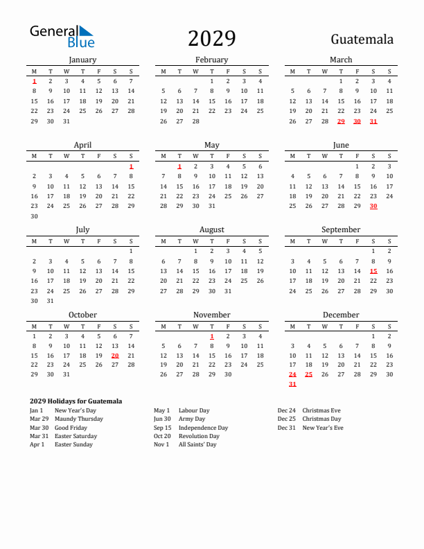 Guatemala Holidays Calendar for 2029