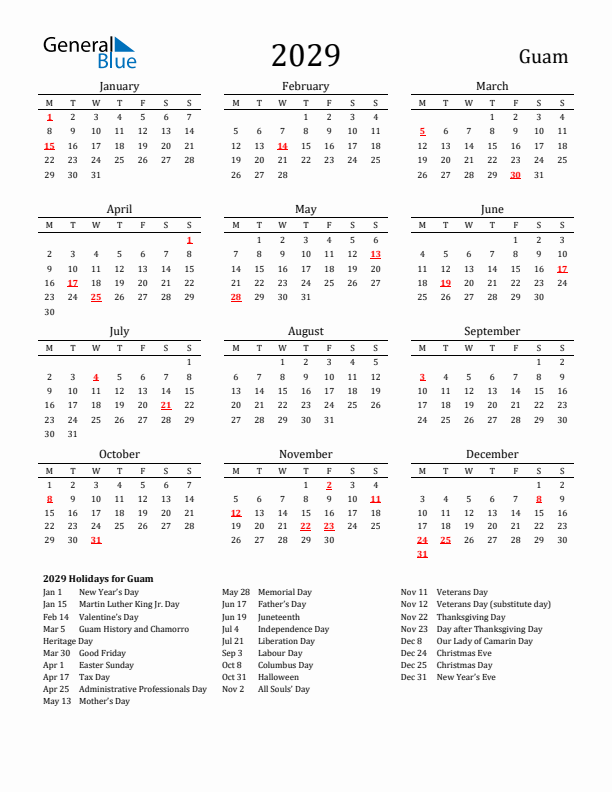 Guam Holidays Calendar for 2029
